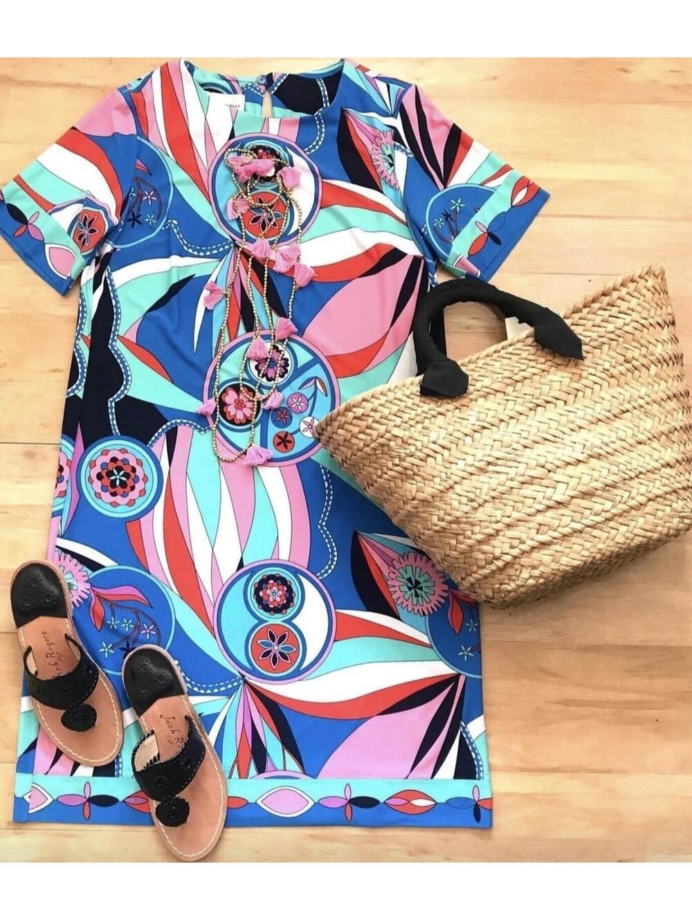 Donna Morgan Abstract Print Shift Dress Knee Length Pockets Zip Short Sleeve 10